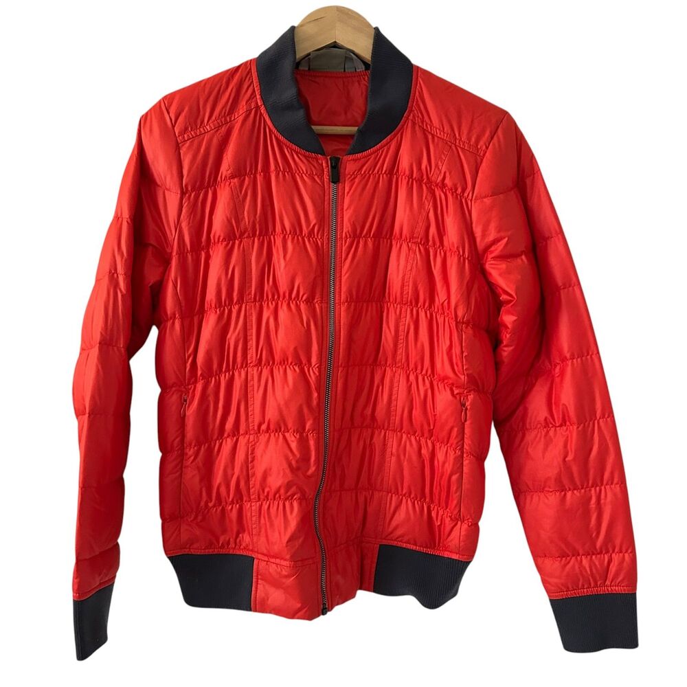 Athleta Orange Red and Grey Goose Down Filled Full Zip Puffer Jacket Size M